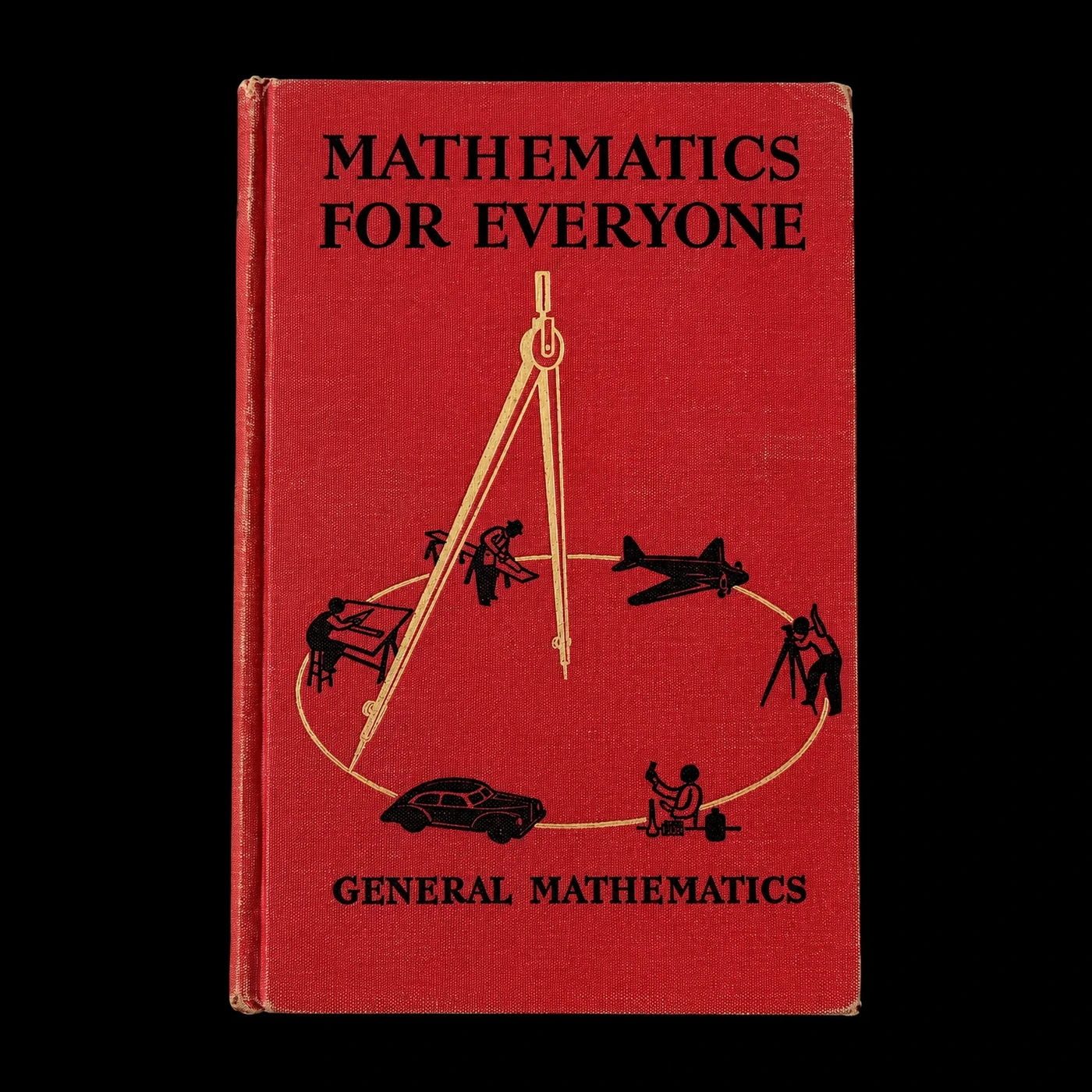 Rood wiskundeboek Mathematics for Everyone op zwarte achtergrond als beeld voor wiskunde.