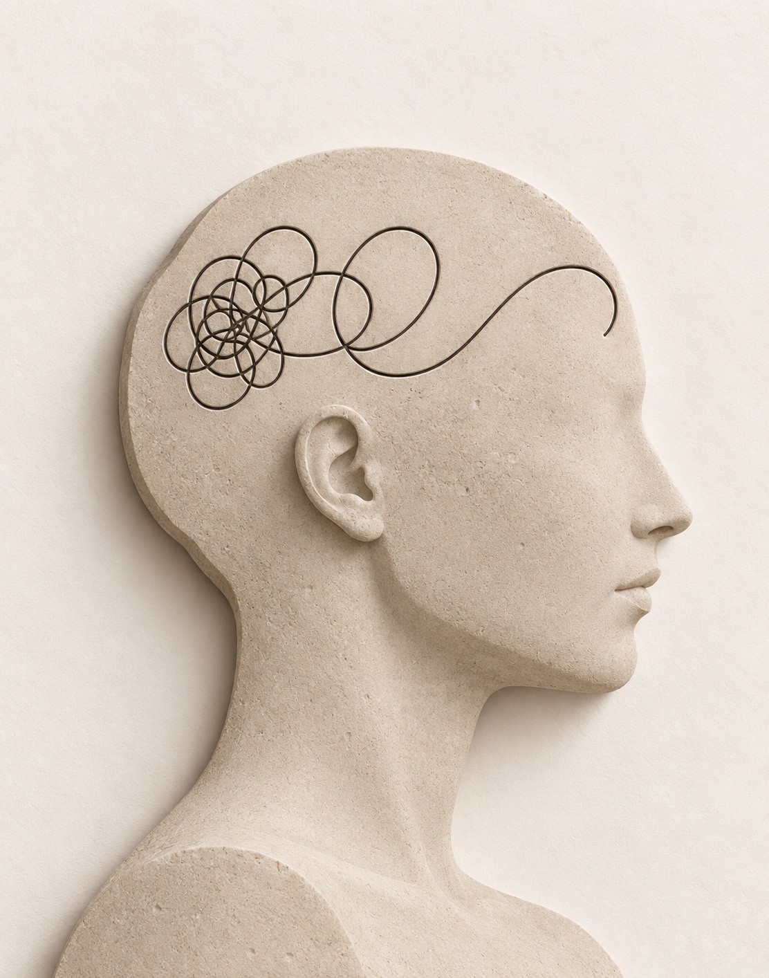 Stenen profiel met een donkere lijn die van een knoop naar een open beweging loopt, als redactioneel beeld bij psychologische expertise rond leren.