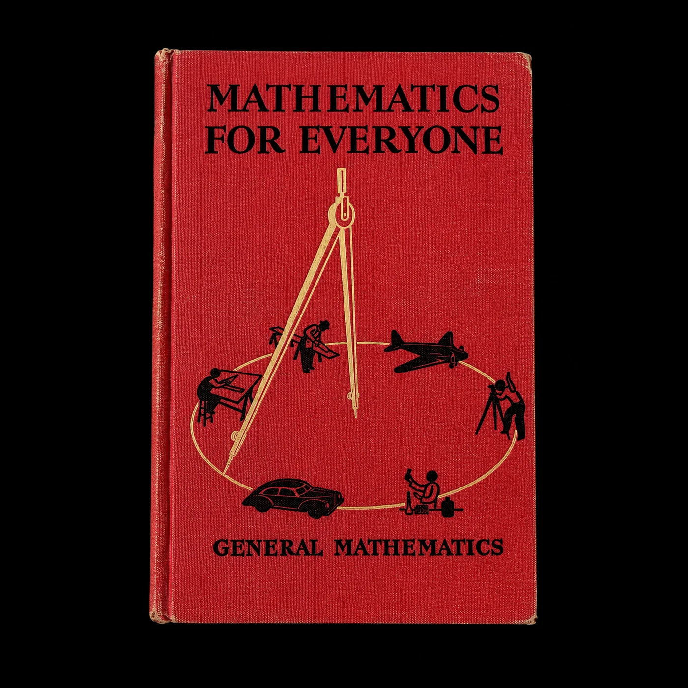 Rood wiskundeboek Mathematics for Everyone op zwarte achtergrond als beeld voor wiskunde.